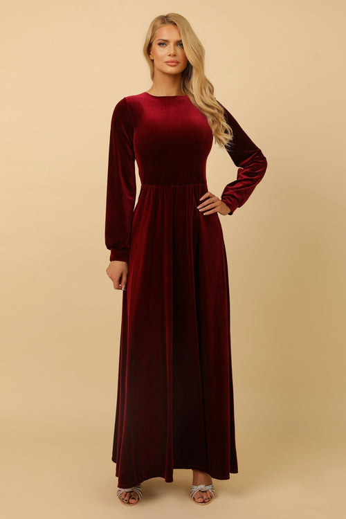 long sleeve velvet dresses ZAPAKA Women Dark Green Prom Dress A-Line Wrap Long Sleeves Evening Dress, Dark Green / S very fitted at natural waist Burgundy Velvet Round Neckline Dress