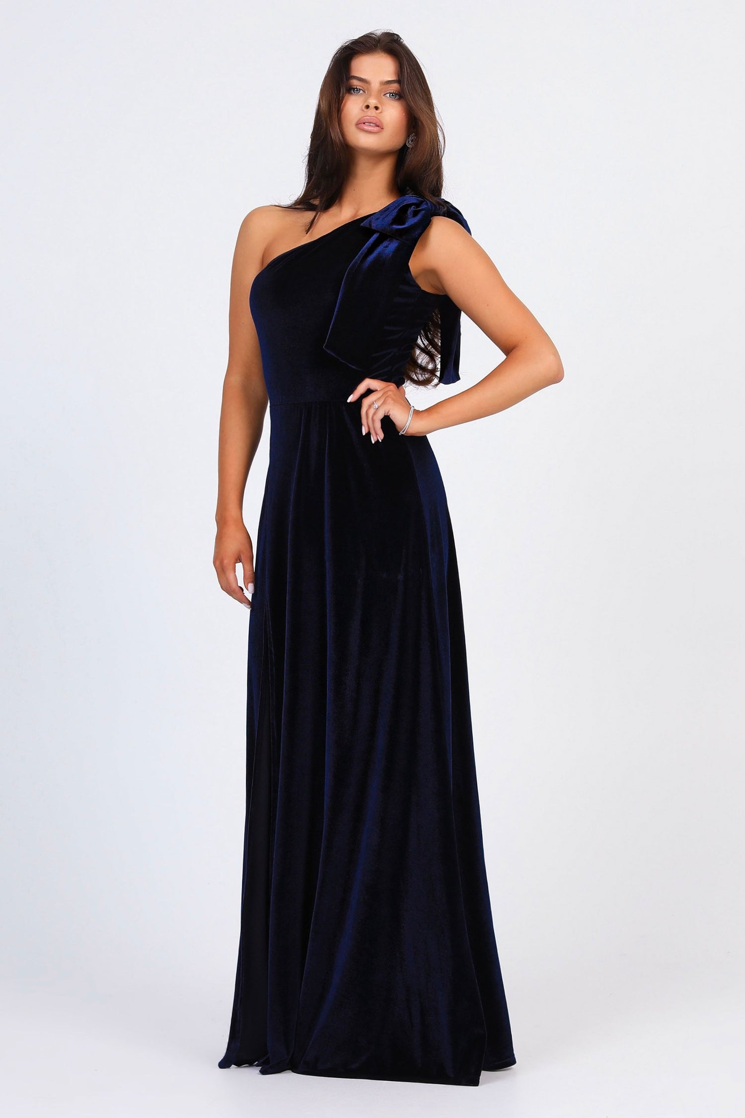 Navy Blue Dress - Velvet One Shoulder Dress