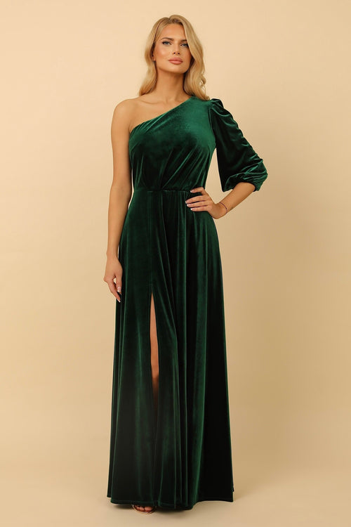 S Size Dark Green Velvet One Shoulder Puffy Sleeve Dress (Ready to Ship)