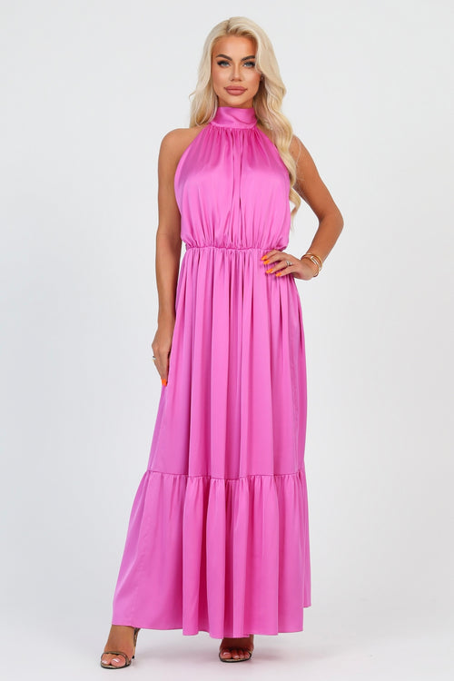 Pink Silk Satin Dress Halter Neckline