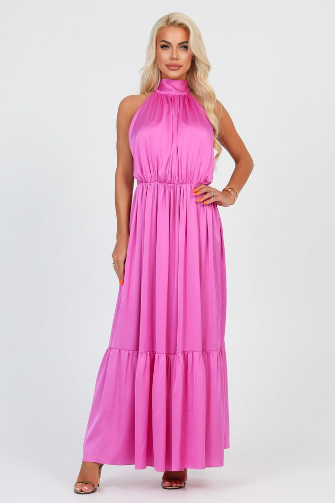 S Size Pink Silk Satin Dress Halter Neckline (Ready to Ship)