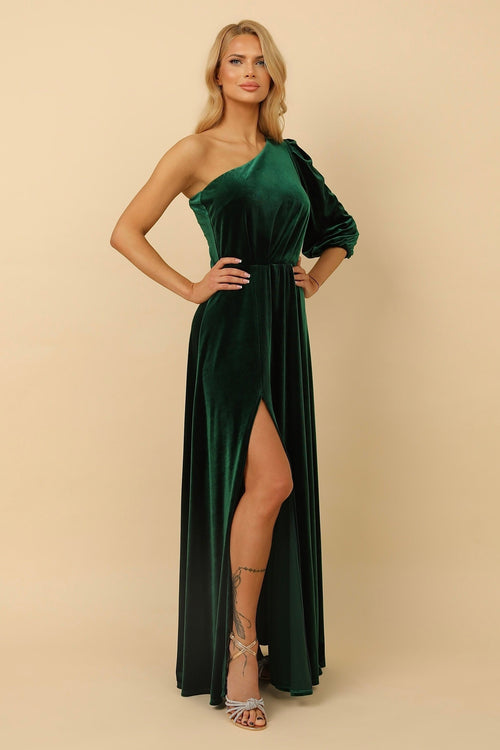 2XL Size Dark Green Velvet One Shoulder Puffy Sleeve Dress (Ready to Ship)