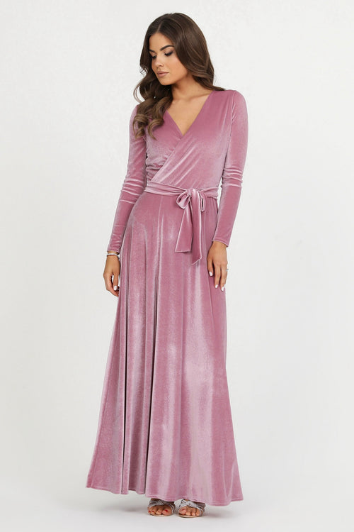 Pink Wrap V Neckline Velvet Dress