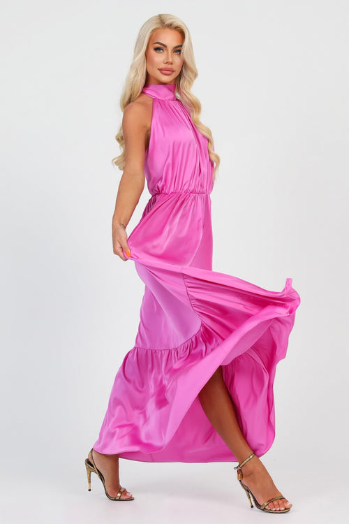 Pink Silk Satin Dress Halter Neckline