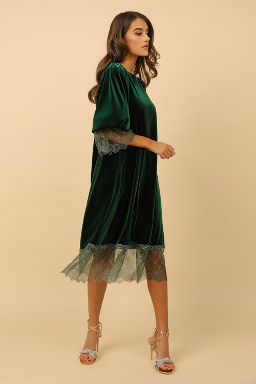 Dark Green Velvet Loose Dress With Lace Mini V Back