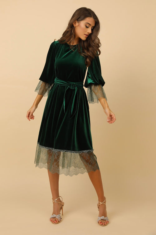 Dark Green Velvet Loose Dress With Lace Mini V Back Dsir Couture Dark Green Velvet Loose Dress With Lace Mini V Back Dsir Couture