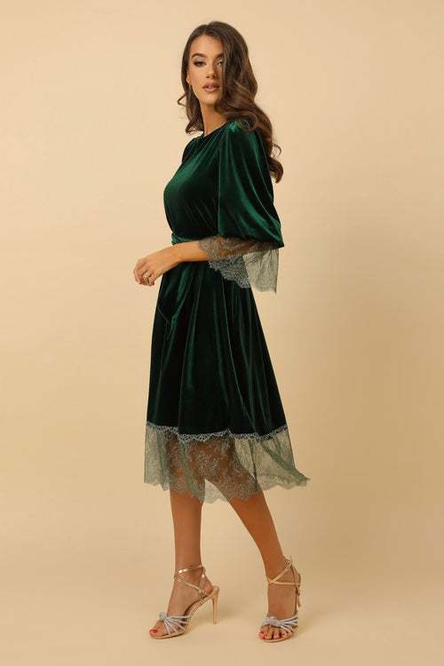 S Size Dark Green Velvet Loose Dress With Lace Mini V Back (Ready to Ship)