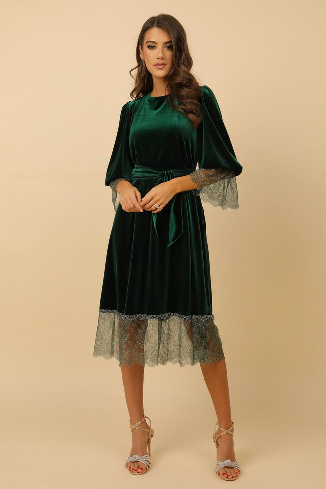 Dark Green Velvet Loose Dress With Lace Mini V Back