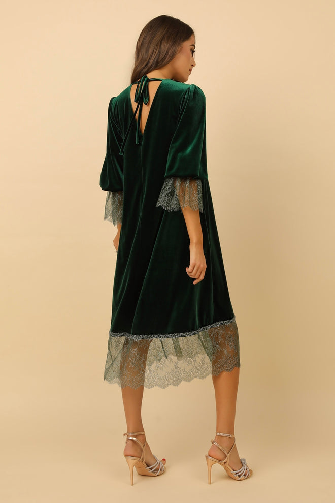 Dark Green Velvet Loose Dress With Lace Mini V Back