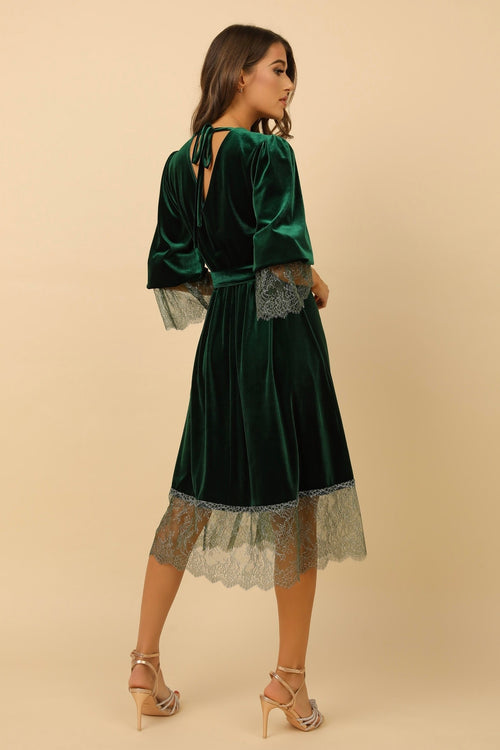 S Size Dark Green Velvet Loose Dress With Lace Mini V Back (Ready to Ship)