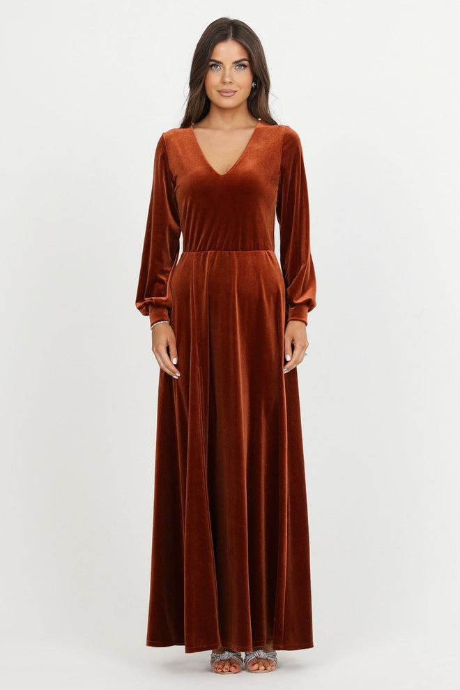 bridesmaid dress, velvet dress, wedding guest dress, gorgeous dress, wedding dress, mother of the bride dress, evening dress, gown dress, maxi dress, reception dress, elegant dress, formal dress, winter dress, fall bridesmaid, custom bridesmaid dress, rusty orange dress, copper dress, long sleeve dress, bishop sleeve dress, slit dress, v neck dress