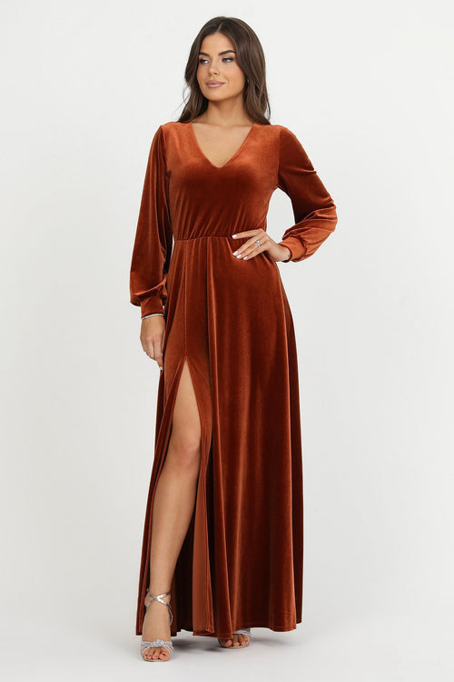 bridesmaid dress, velvet dress, wedding guest dress, gorgeous dress, wedding dress, mother of the bride dress, evening dress, gown dress, maxi dress, reception dress, elegant dress, formal dress, winter dress, fall bridesmaid, custom bridesmaid dress, rusty orange dress, copper dress, long sleeve dress, bishop sleeve dress, slit dress, v neck dress