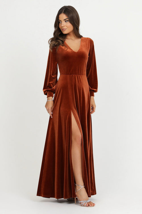 bridesmaid dress, velvet dress, wedding guest dress, gorgeous dress, wedding dress, mother of the bride dress, evening dress, gown dress, maxi dress, reception dress, elegant dress, formal dress, winter dress, fall bridesmaid, custom bridesmaid dress, rusty orange dress, copper dress, long sleeve dress, bishop sleeve dress, slit dress, v neck dress