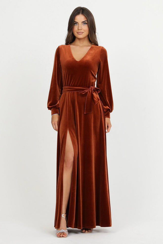 bridesmaid dress, velvet dress, wedding guest dress, gorgeous dress, wedding dress, mother of the bride dress, evening dress, gown dress, maxi dress, reception dress, elegant dress, formal dress, winter dress, fall bridesmaid, custom bridesmaid dress, rusty orange dress, copper dress, long sleeve dress, bishop sleeve dress, slit dress, v neck dress