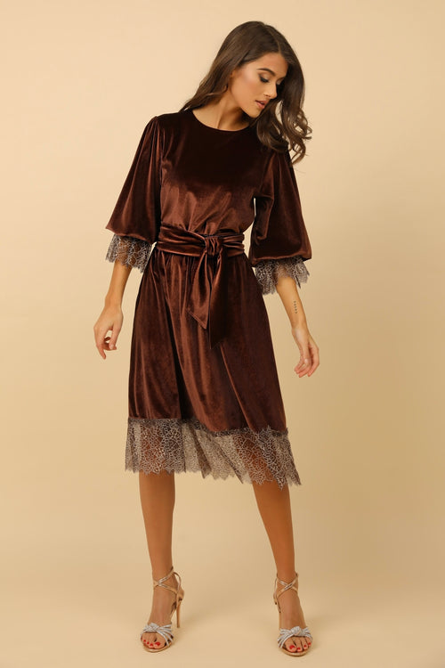 Brown Velvet Loose Dress With Lace