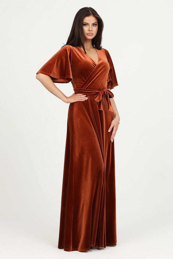 bridesmaid dress, velvet dress, wedding guest dress, gorgeous dress, wedding dress, mother of the bride dress, evening dress, gown dress, maxi dress, reception dress, elegant dress, formal dress, winter dress, fall bridesmaid, custom bridesmaid dress, rusty orange dress, copper dress, short sleeve dress, wrap v neck dress