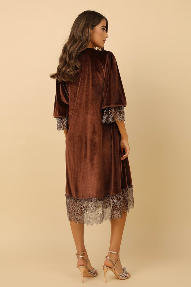 Brown Velvet Loose Dress With Lace