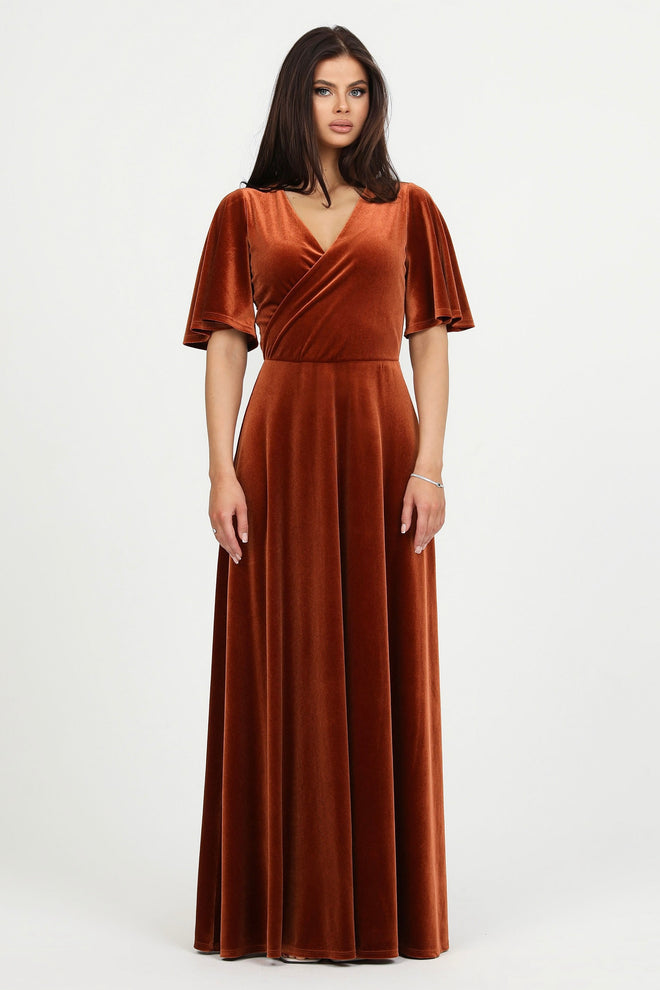 bridesmaid dress, velvet dress, wedding guest dress, gorgeous dress, wedding dress, mother of the bride dress, evening dress, gown dress, maxi dress, reception dress, elegant dress, formal dress, winter dress, fall bridesmaid, custom bridesmaid dress, rusty orange dress, copper dress, short sleeve dress, wrap v neck dress