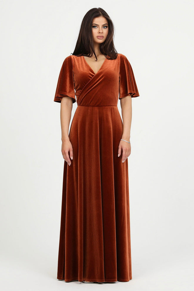 bridesmaid dress, velvet dress, wedding guest dress, gorgeous dress, wedding dress, mother of the bride dress, evening dress, gown dress, maxi dress, reception dress, elegant dress, formal dress, winter dress, fall bridesmaid, custom bridesmaid dress, rusty orange dress, copper dress, short sleeve dress, wrap v neck dress