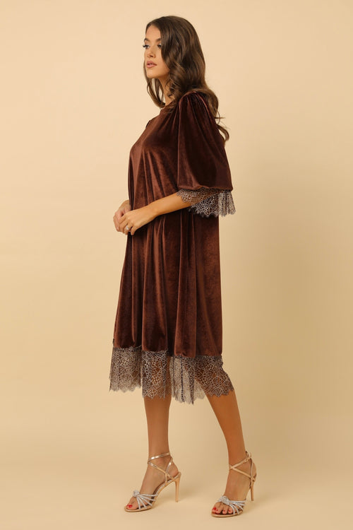 Brown Velvet Loose Dress With Lace