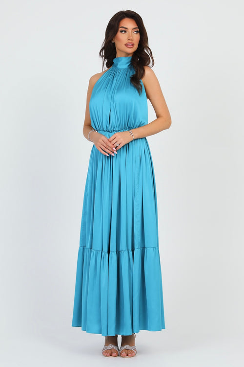 Turquoise Silk Satin Dress Halter Neckline