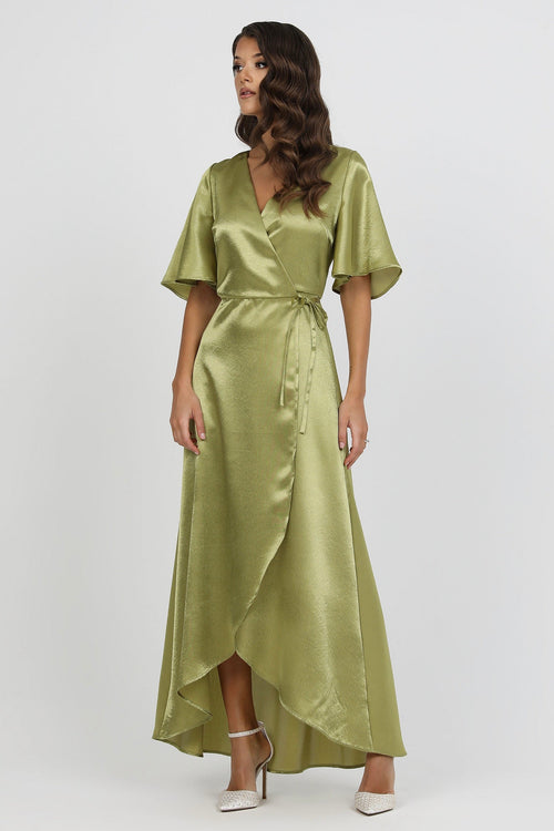 S Size Olive Green Wrap Satin Dress With Flutter Sleeves (Ready to Shi Dsir Couture S Size Olive Green Wrap Satin Dress With Flutter Sleeves (Ready to Shi Dsir Couture