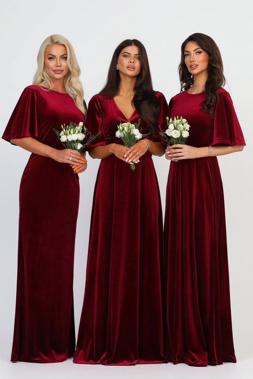 Burgundy Velvet Round Neckline Dress Flutter Sleeves Burgundy Velvet Round Neckline Dress Flutter Sleeves