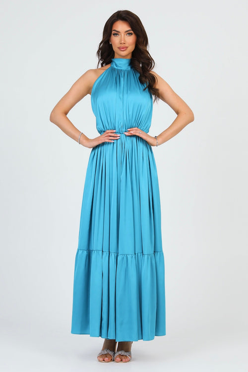 S Size Turquoise Silk Satin Dress Halter Neckline (Ready to Ship)