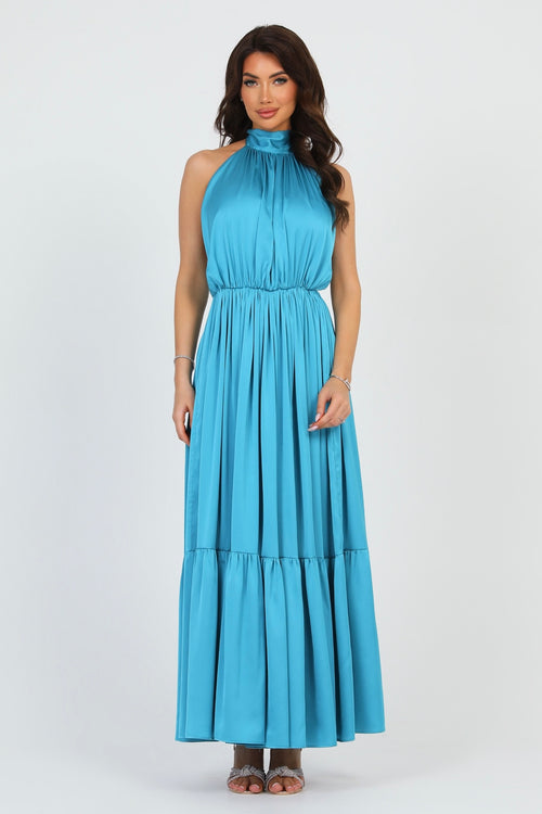 Turquoise Silk Satin Dress Halter Neckline Dsir Couture Turquoise Silk Satin Dress Halter Neckline Dsir Couture