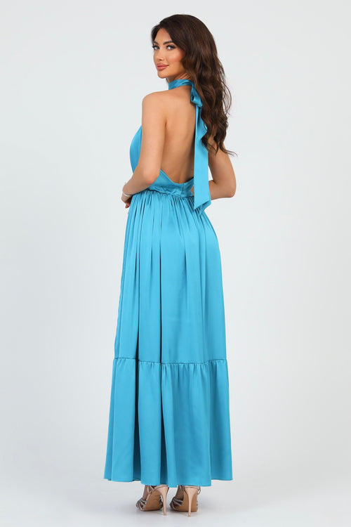 Turquoise Silk Satin Dress Halter Neckline Dsir Couture Turquoise Silk Satin Dress Halter Neckline Dsir Couture