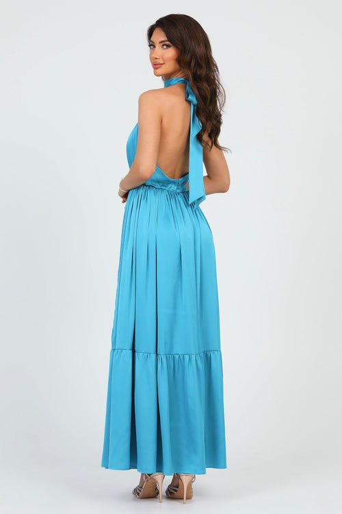 S Size Turquoise Silk Satin Dress Halter Neckline (Ready to Ship)