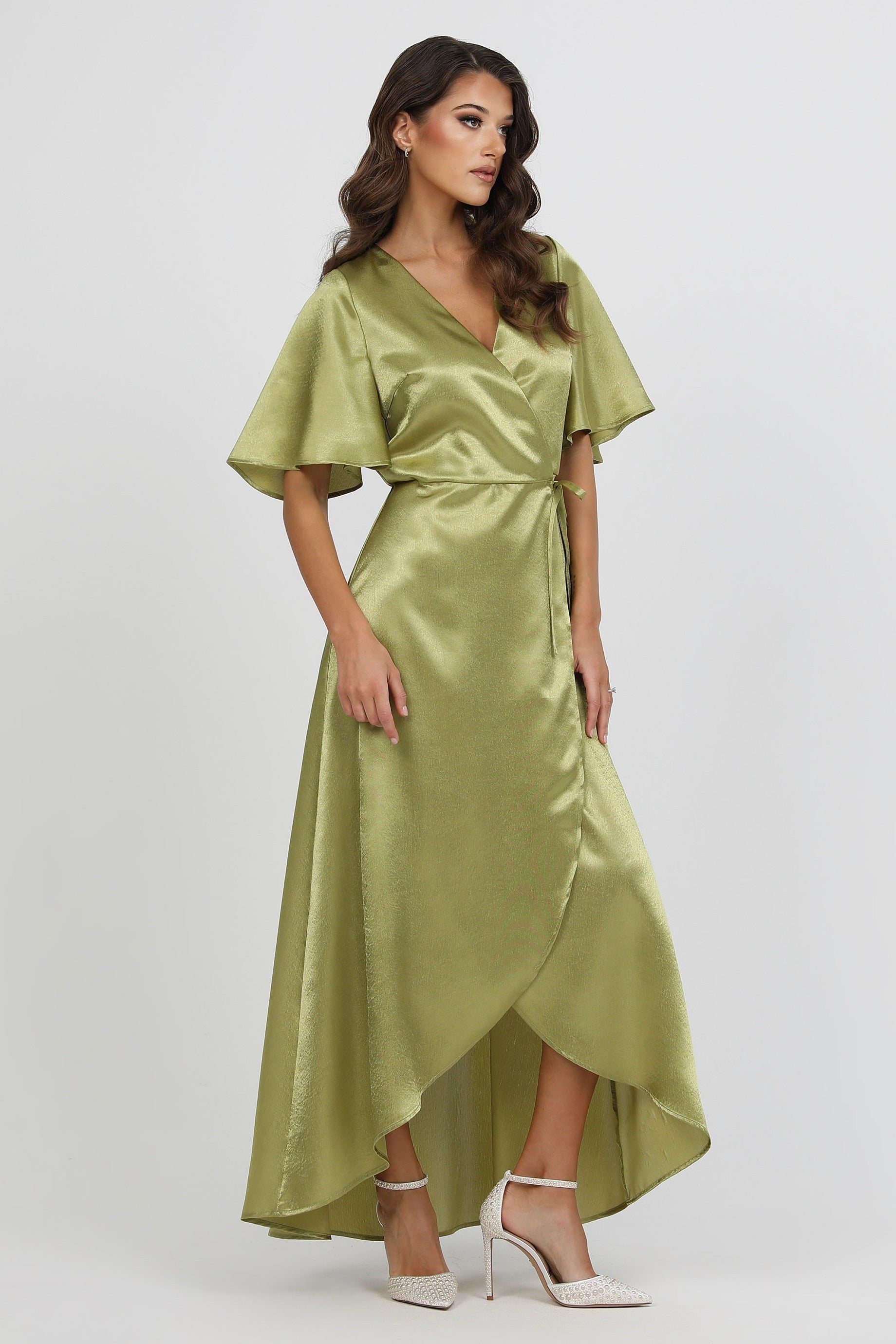 Midi Wrap Over Evening Dress Evening Gown Emerald Green Green Satin Long Sleeve Wrap Dress Long Midi Wrap Over Evening Dress Evening Gown Emerald Green Green Satin Long Sleeve Wrap Dress Long