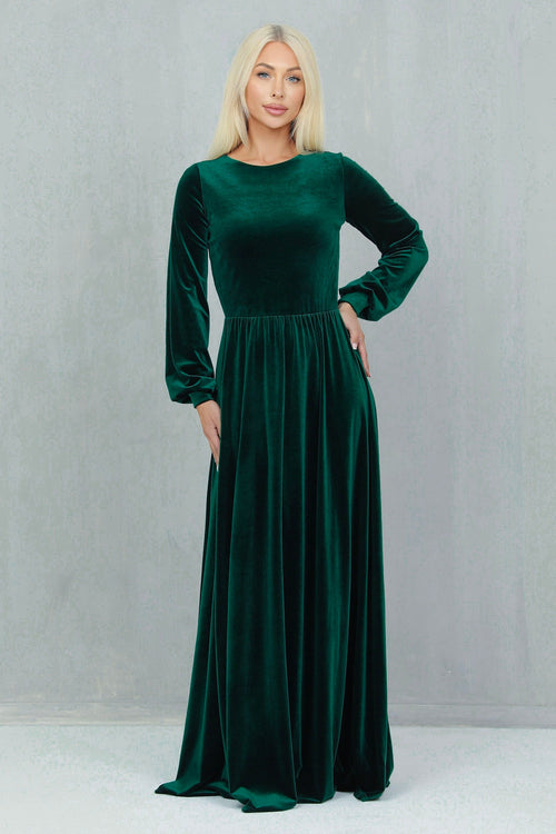 S Size Dark Green Velvet Round Neckline Dress (Ready to Ship)