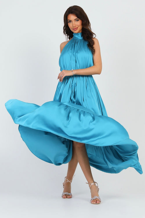 Turquoise Silk Satin Dress Halter Neckline