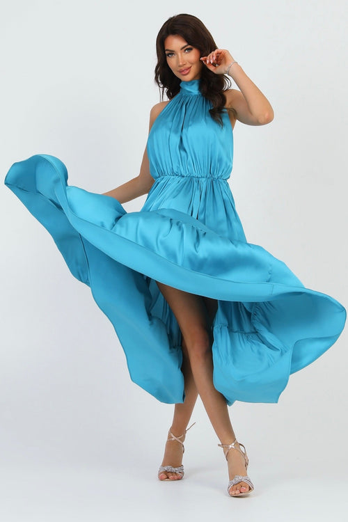 S Size Turquoise Silk Satin Dress Halter Neckline (Ready to Ship)