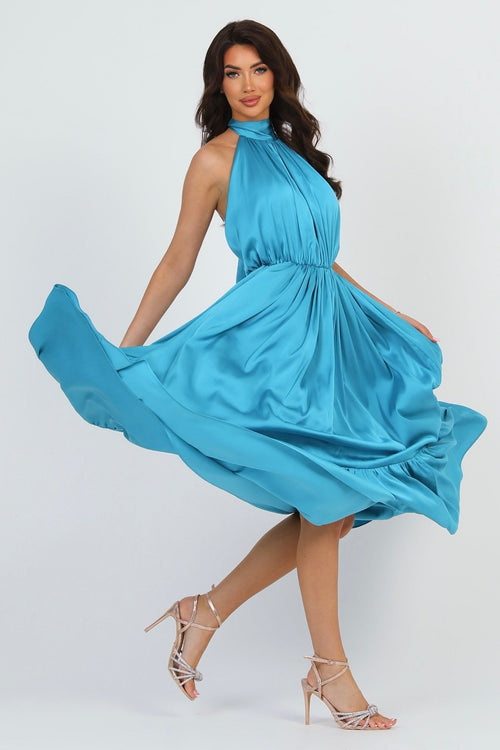 S Size Turquoise Silk Satin Dress Halter Neckline (Ready to Ship)