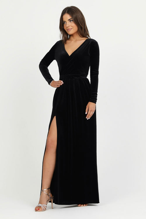 Black Velvet Wrap V Neckline Dress