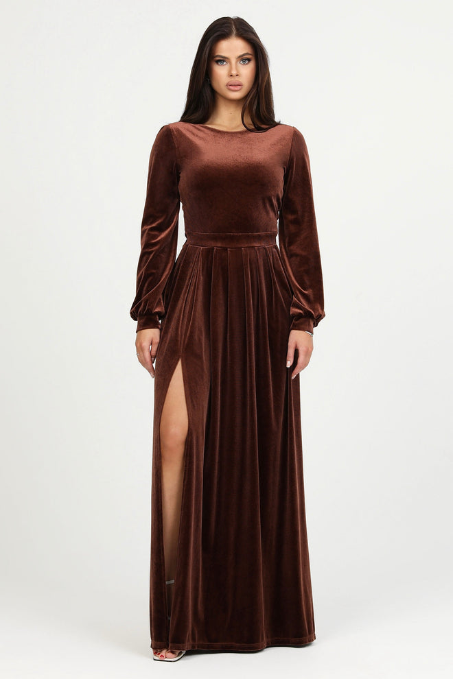 bridesmaid dress, velvet dress, wedding guest dress, gorgeous dress, wedding dress, mother of the bride dress, evening dress, gown dress, maxi dress, reception dress, elegant dress, formal dress, winter dress, fall bridesmaid, custom bridesmaid dress, brown dress, long sleeve dress, bishop sleeve dress, slit dress, round neck dress, boat neck dress, backless dress, low back dress