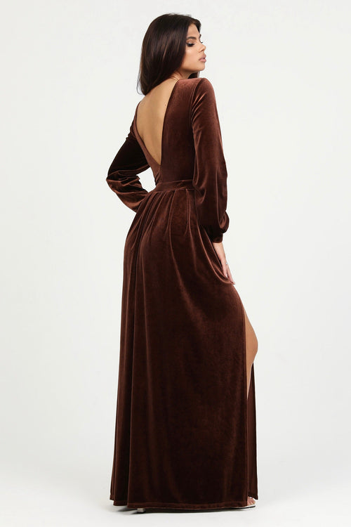 bridesmaid dress, velvet dress, wedding guest dress, gorgeous dress, wedding dress, mother of the bride dress, evening dress, gown dress, maxi dress, reception dress, elegant dress, formal dress, winter dress, fall bridesmaid, custom bridesmaid dress, brown dress, long sleeve dress, bishop sleeve dress, slit dress, round neck dress, boat neck dress, backless dress, low back dress