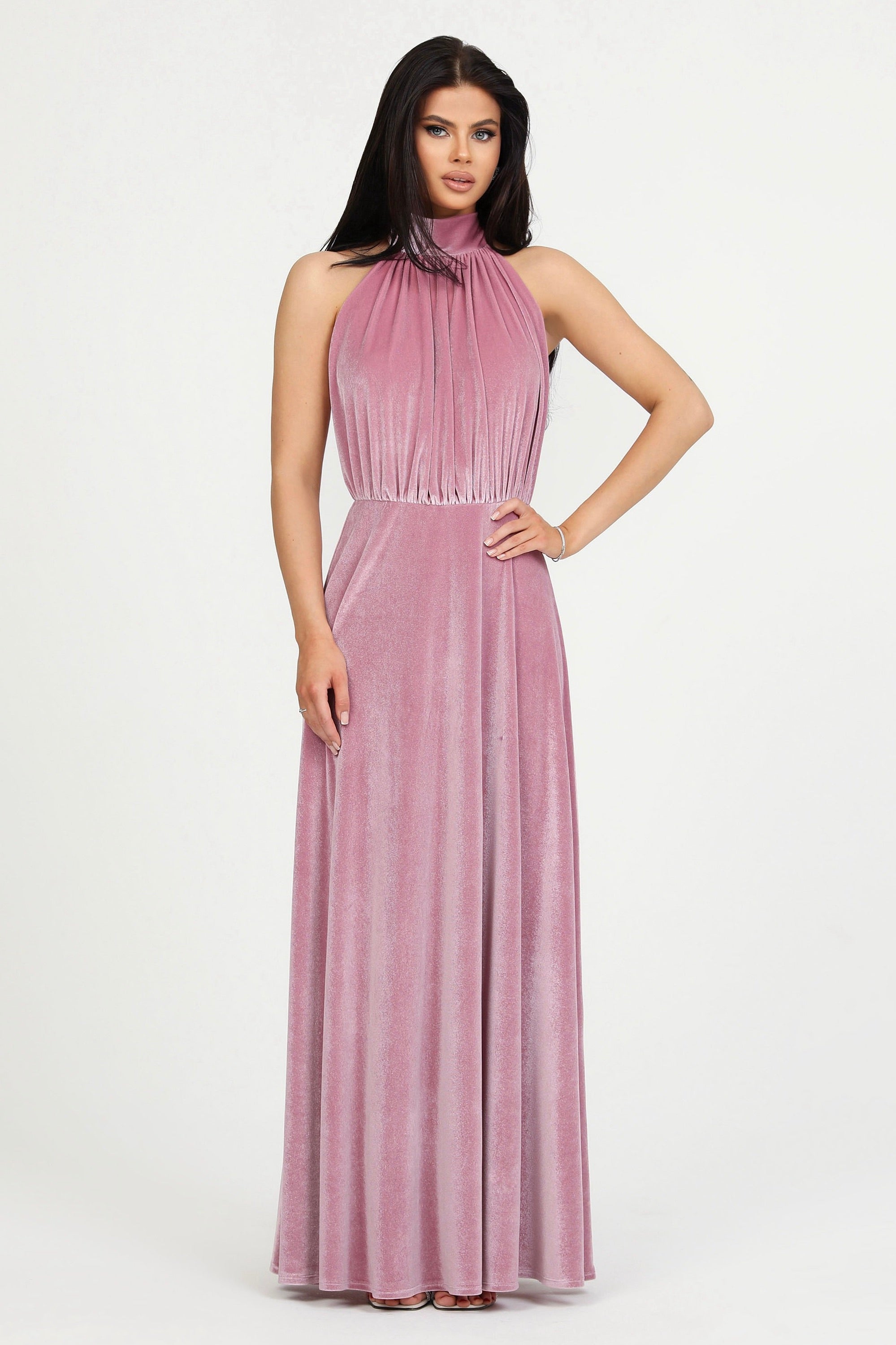 Pink Velvet Halter Neckline Velvet Dress - Bridesmaid Dress Dsir Couture Pink Velvet Halter Neckline Velvet Dress - Bridesmaid Dress Dsir Couture