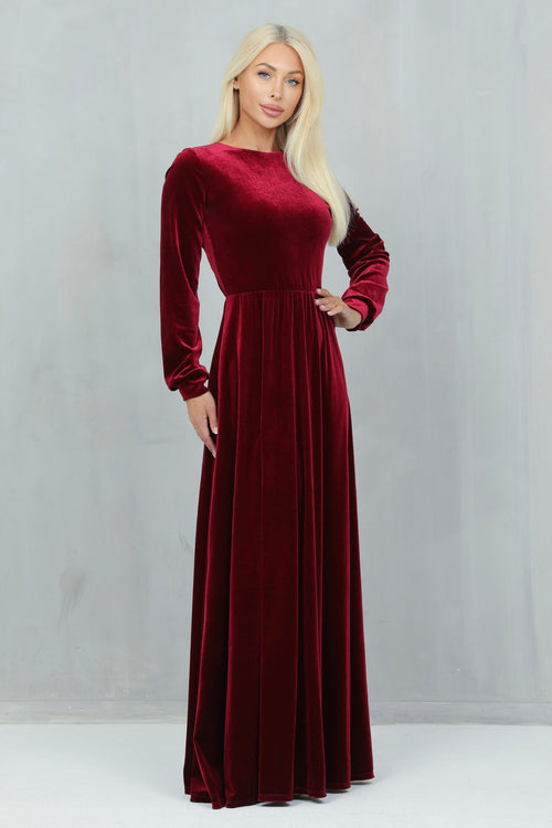 S Size Burgundy Velvet Round Neckline Dress (Ready to Ship)