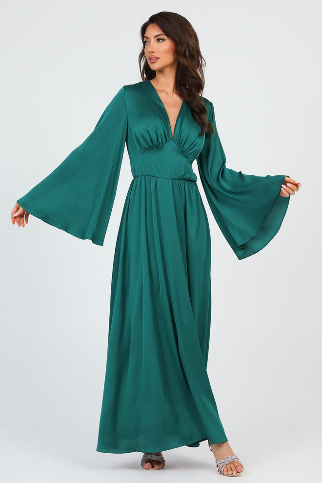 S Size Emerald Green Silk Satin Dress V Neckline (Ready to Ship)