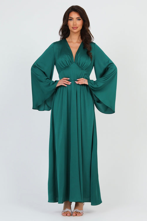 Emerald Green Silk Satin Dress V Neckline Dsir Couture Emerald Green Silk Satin Dress V Neckline Dsir Couture