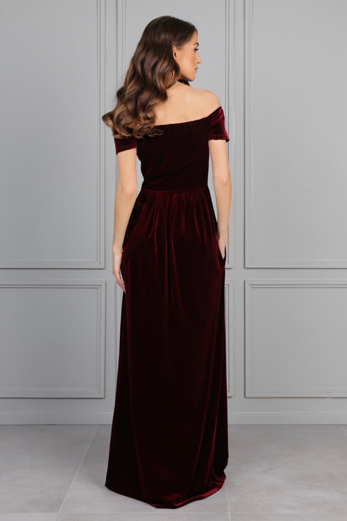 off the shoulder maroon bridesmaid dress Off the Shoulder Burgundy Modest Bridesmaid Dresses with Slit ARD2078