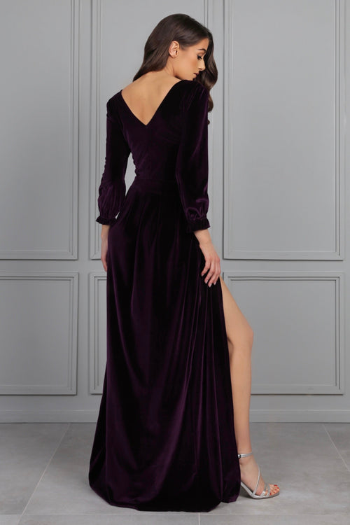 S Size Plum Velvet Regular V Neckline Dress (Ready to Ship)