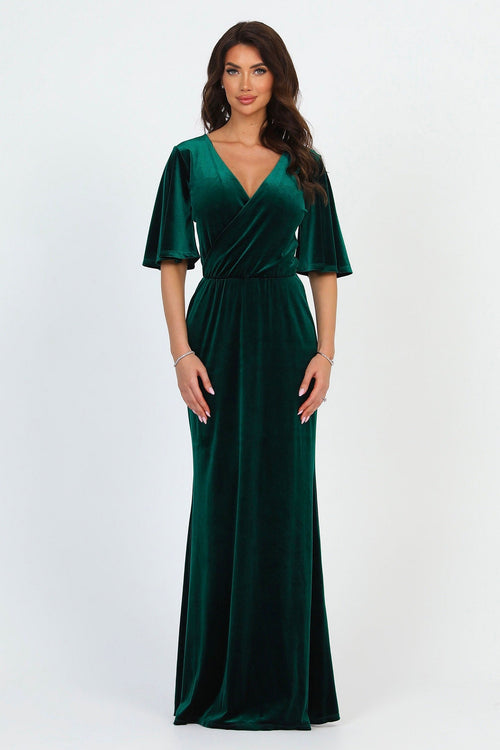 S Size Dark Green Velvet Wrap V Neckline Dress Flutter Sleeves Pencil Skirt (Ready to Ship)