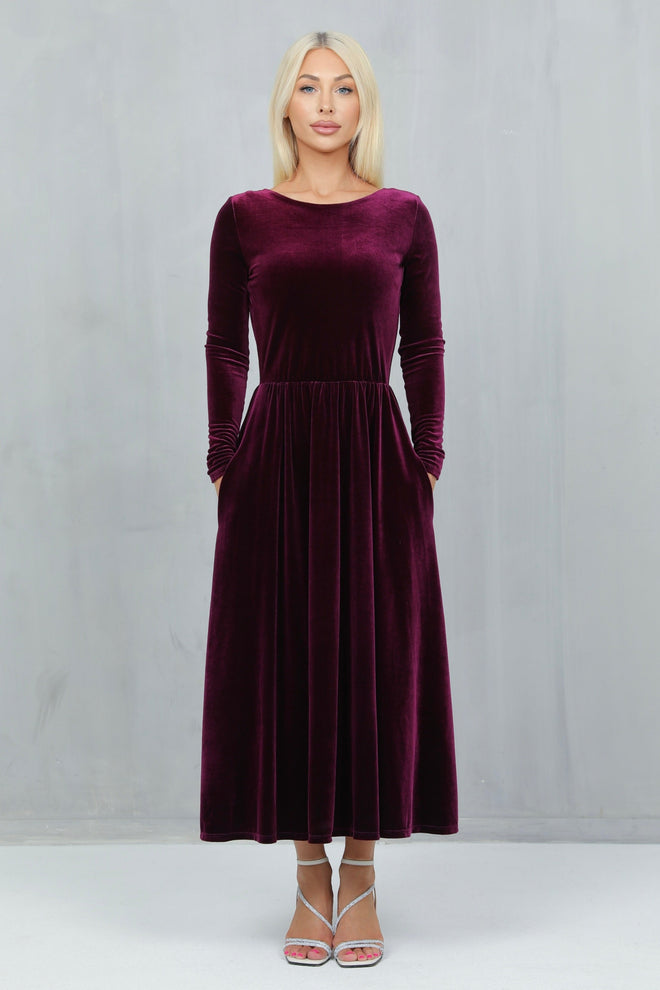 S Size Dark Purple Velvet Round Neckline Midi Dress Deep V Back (Ready to Ship)