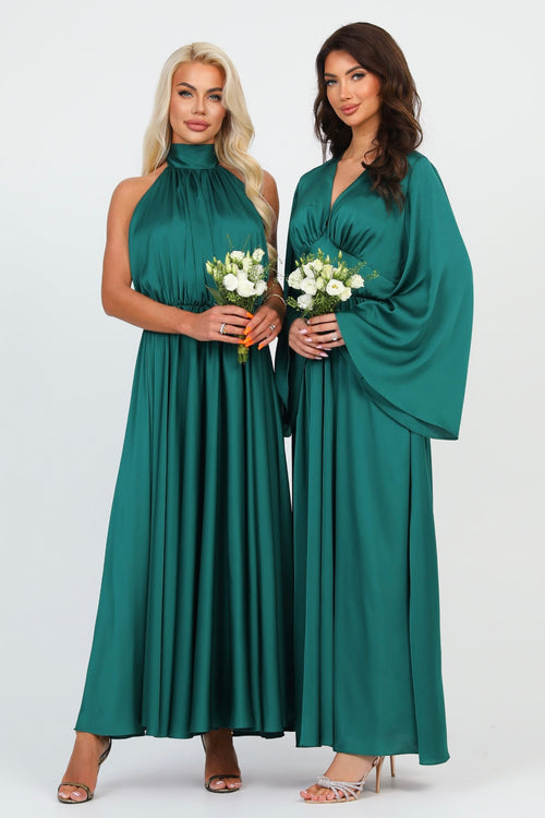 Emerald Green Silk Satin Dress V Neckline