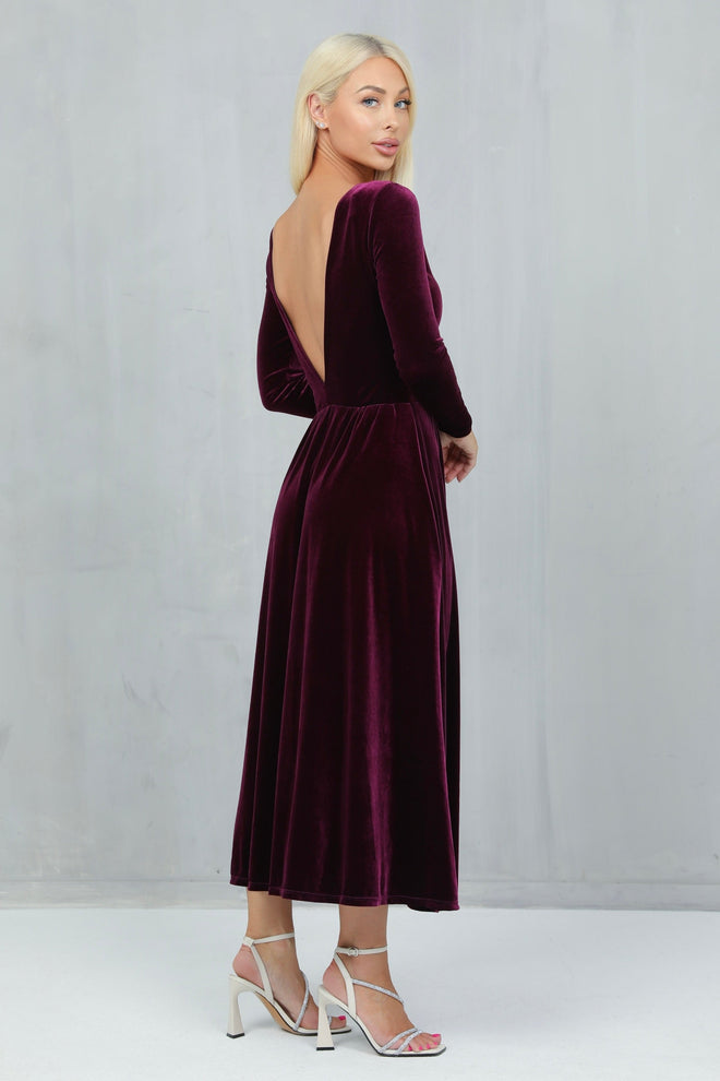 S Size Dark Purple Velvet Round Neckline Midi Dress Deep V Back (Ready to Ship)