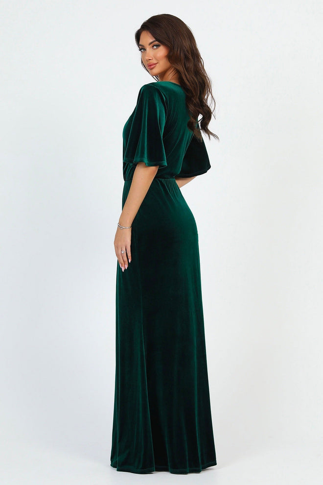 S Size Dark Green Velvet Wrap V Neckline Dress Flutter Sleeves Pencil Skirt (Ready to Ship)